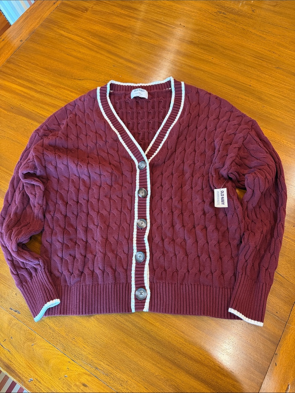 Burgundy Cable Knit Cardigan with White Trim